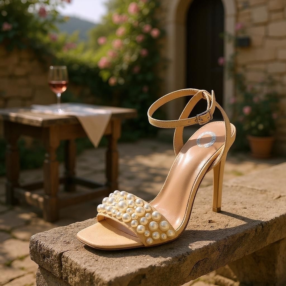 Journee Collection Tan Beige Microsuede Pearl Heel Sandals SZ 9.5 M